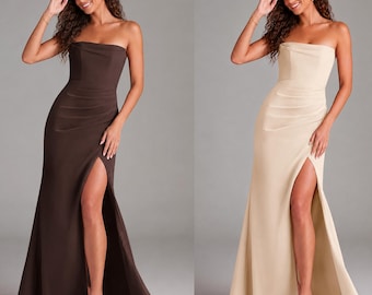 Convertible Bridesmaid Dress, Strapless Chiffon Sheath Gown, High Slit Multiway Formal Evening Dress, 10 Colors