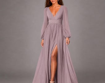 Long Sleeve Chiffon Bridesmaid Dress | V-Neck Floral Formal Gown | Pleated Waist A-Line Maxi Dress with Slit