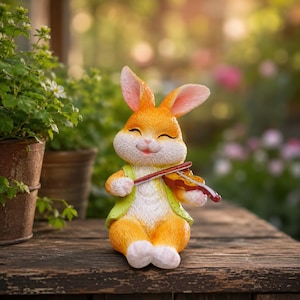 May include: A cheerful orange and white bunny figurine playing a violin. The bunny wears a green vest and sits on a wooden surface. The background is blurred with greenery and flowers, suggesting an outdoor setting. A whimsical garden decoration.