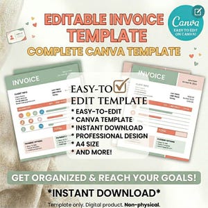 Peut inclure: Modèle de facture numérique avec des tons vert menthe et pêche. Le texte indique "Modèle de facture modifiable" et "Facile à modifier sur Canva !" Comprend "Facile à modifier", "Modèle Canva" et "Téléchargement instantané".