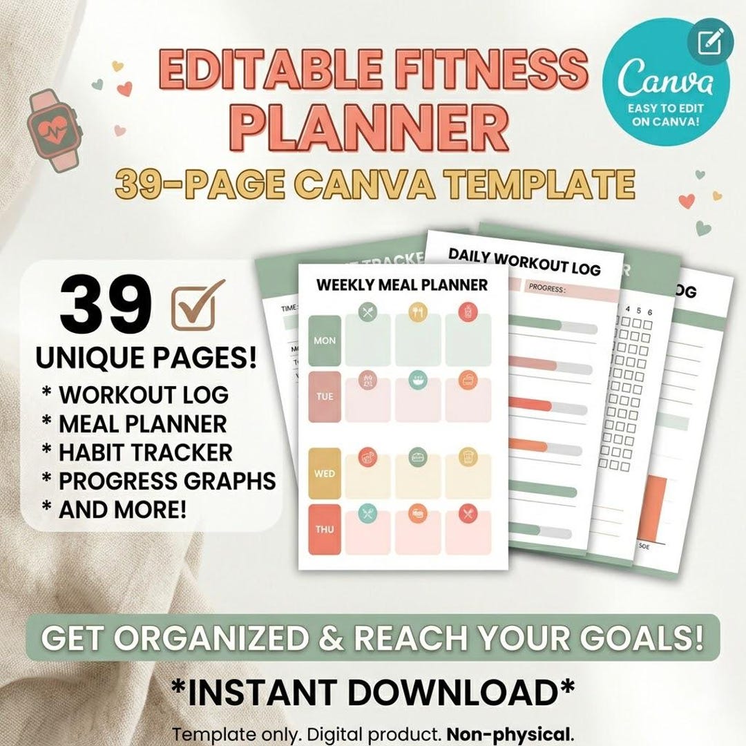 Editable Fitness Planner Canva Template, 39 Pages | Workout Log, Meal ...