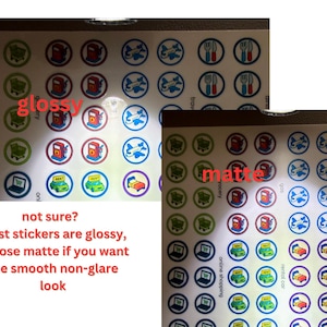 Puede incluir: Hojas de pegatinas brillantes y mate con iconos variados: carritos de compra, gasolineras, aviones y cubiertos. Las pegatinas circulares tienen fondo blanco. El texto aconseja elegir mate para un aspecto sin brillo.