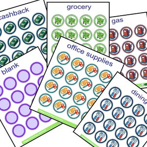 Puede incluir: Un conjunto de pegatinas coloridas con iconos y etiquetas de texto. Las pegatinas est&aacute;n dispuestas sobre fondos blancos e incluyen categor&iacute;as como "cashback", "grocery", "gas", "office supplies", "dining" y "blank".