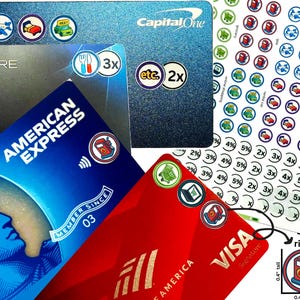 May include: A collection of credit cards with various logos and designs, including American Express, Visa, and Capital One. The cards feature icons for different spending categories and a sheet of stickers with similar icons and percentages. The text "Just the right size" is also visible.