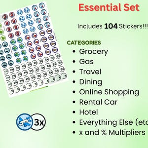 May include: A sheet of stickers labeled "Essential Set" with 104 stickers. The stickers are round with icons for grocery, gas, travel, dining, online shopping, rental car, hotel, and more. Includes multipliers.