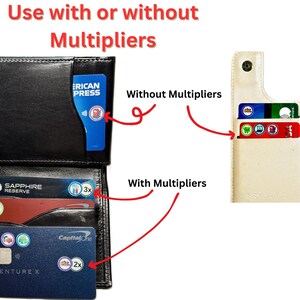 May include: Black leather wallet with a blue American Express card in the front pocket. The wallet is open, revealing several credit cards. The text "Use with or without Multipliers" is at the top. The text "Without Multipliers" and "With Multipliers" are also visible.