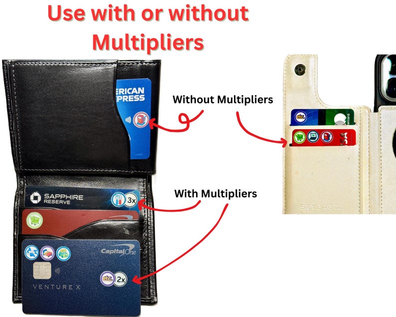 May include: Black leather wallet with a blue American Express card in the front pocket. The wallet is open, revealing several credit cards. The text "Use with or without Multipliers" is at the top. The text "Without Multipliers" and "With Multipliers" are also visible.
