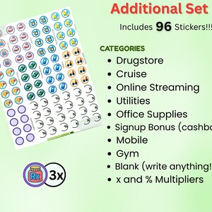 May include: A sheet of 96 stickers with various colorful icons, including drugstore, cruise, and gym symbols. Text reads "Additional Set" and "Includes 96 Stickers!!!". Categories listed include "Drugstore", "Cruise", and "Online Streaming".