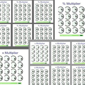 Puede incluir: Una colecci&oacute;n de hojas de trabajo educativas con problemas de porcentaje y multiplicaci&oacute;n. Cada hoja muestra una cuadr&iacute;cula de problemas, con n&uacute;meros y s&iacute;mbolos en negro sobre un fondo blanco. Las hojas de trabajo est&aacute;n dise&ntilde;adas para el aprendizaje y la pr&aacute;ctica.