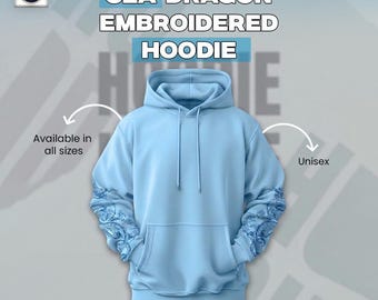 Felpa con cappuccio ricamata con drago marino, stile streetwear mitologico.