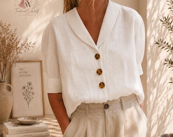 Camisa de lino para mujer con cuello y botones / Blusa informal de lino de manga corta
