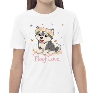 Organic cotton kids t-shirt, Floof Love, Cute Malamute Puppy T-Shirt, Kawaii Dog Shirt for Girls, Butterfly Kids Shirt, Dog Lover Gift