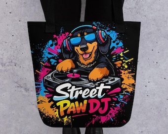 Dachshund DJ Tote Bag, Funny Wiener Dog Shopping Bag, Cute Doxie Reusable Tote, Dog Lover Gift, Street Paw DJ Market Tote,Everyday Carry Bag