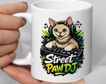 Devon Rex DJ Mug, Funny Devon Rex Cat Coffee Mug, Cute Curly Cat Cup, Pixie Cat Ceramic Mug, Cat Lover Gift, Street Paw DJ Coffee Cup