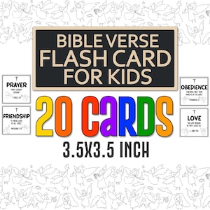 May include: A set of Bible verse flash cards for children. The cards are 8.9 x 8.9 cm and feature colorful text that reads "20 CARDS". The main sign says "BIBLE VERSE FLASH CARD FOR KIDS". The cards include topics like prayer, friendship, obedience, and love.