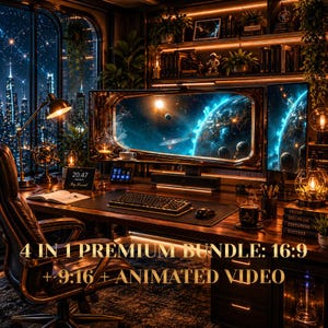 Può includere: Una postazione da ufficio con un monitor ampio che mostra una scena spaziale, una tastiera meccanica, un mouse e una lampada da scrivania. Il testo 4 IN 1 PREMIUM BUNDLE: 16:9 + 9:16 + ANIMATED VIDEO è sovrapposto alla scrivania in legno.