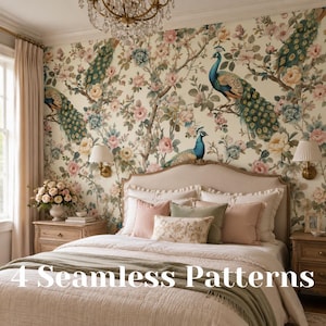May include: A bedroom with floral wallpaper featuring peacocks and flowers. The bed has a beige headboard, pink pillows, and a green throw. The text "4 Seamless Patterns" is at the bottom.