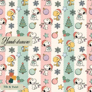 May include: A repeating digital pattern featuring Snoopy and Woodstock wearing Santa hats, interspersed with Christmas trees, ornaments, snowflakes, stars, and holly on a striped background. Text reads Hand drawn 300 DPI and Tile & Twirl co.