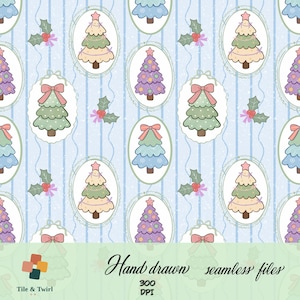 May include: A seamless pattern featuring illustrated Christmas trees in pastel shades of green, blue, and purple, accented with pink bows and stars, set against a light blue striped background with holly sprigs and the text Hand drawn seamless files.