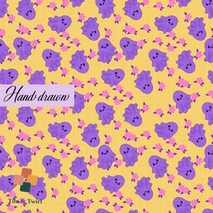 May include: A yellow fabric pattern featuring a repeating design of purple ghosts and small pink flowers. A light purple rectangular overlay displays the black cursive text Hand drawn. A logo with four colored squares and the text Tile & Twirl.