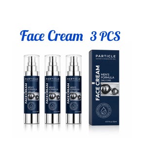 May include: Three silver and navy blue face cream bottles and a matching box. The bottles and box feature the text "Face Cream" and "Men's Formula Daily Care." The image also includes the text "Face Cream 3 PCS."