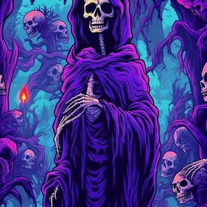 May include: Digital art of a Grim Reaper figure in a purple hooded cloak, standing in a forest with skulls and glowing flames. The background is a mix of blue and purple hues, creating a spooky atmosphere.