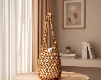Wooden bead hollow tote bag, handmade beaded bucket shoulder handbag