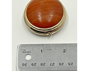 Vintage Round Pill Box Wood Inlay Gold Tone 3-Compartment