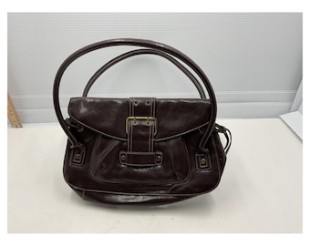 Vintage 1980s Dark Brown Faux Leather Satchel Handbag Large Buckle Retro