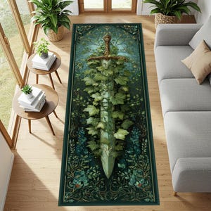 Fantasy Sword Runner Rug: Emerald Ivy Leaves Carpet, Botanical Nature Pattern, Medieval Hallway Decor