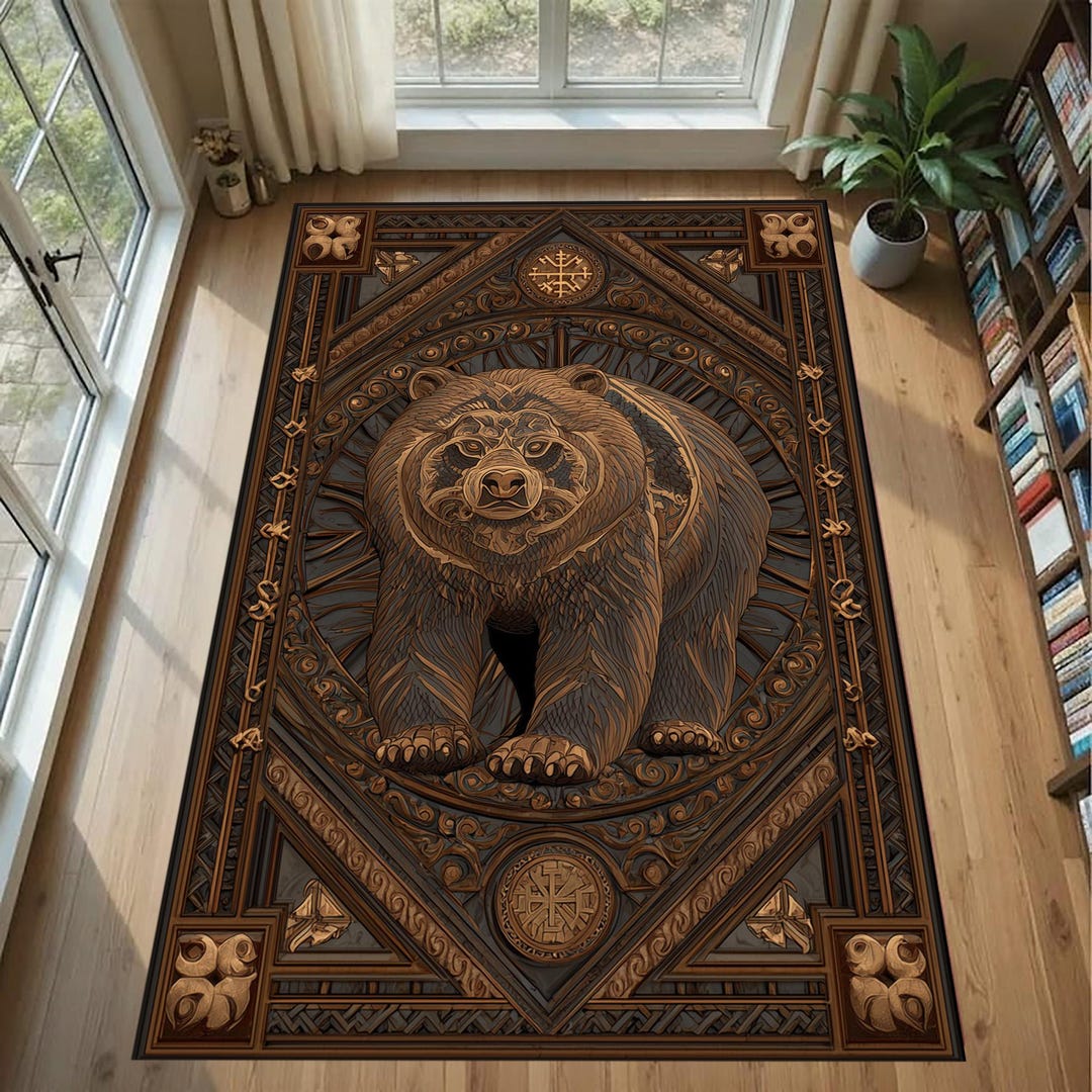 Rustic Bear Rug: Brown Wood Carving Carpet, Wildlife Animal Pattern ...