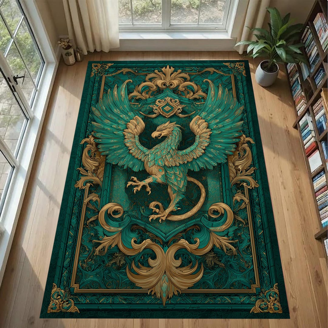 Mythical Griffin Rug: Gothic Heraldic Carpet, Emerald Gold Ornament ...