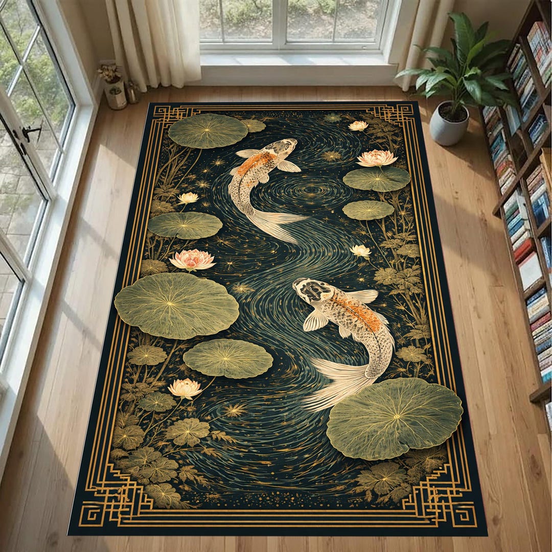 Koi Fish Rug: Gold Lotus Carpet, Black Water Pattern, Asian Pond Design ...
