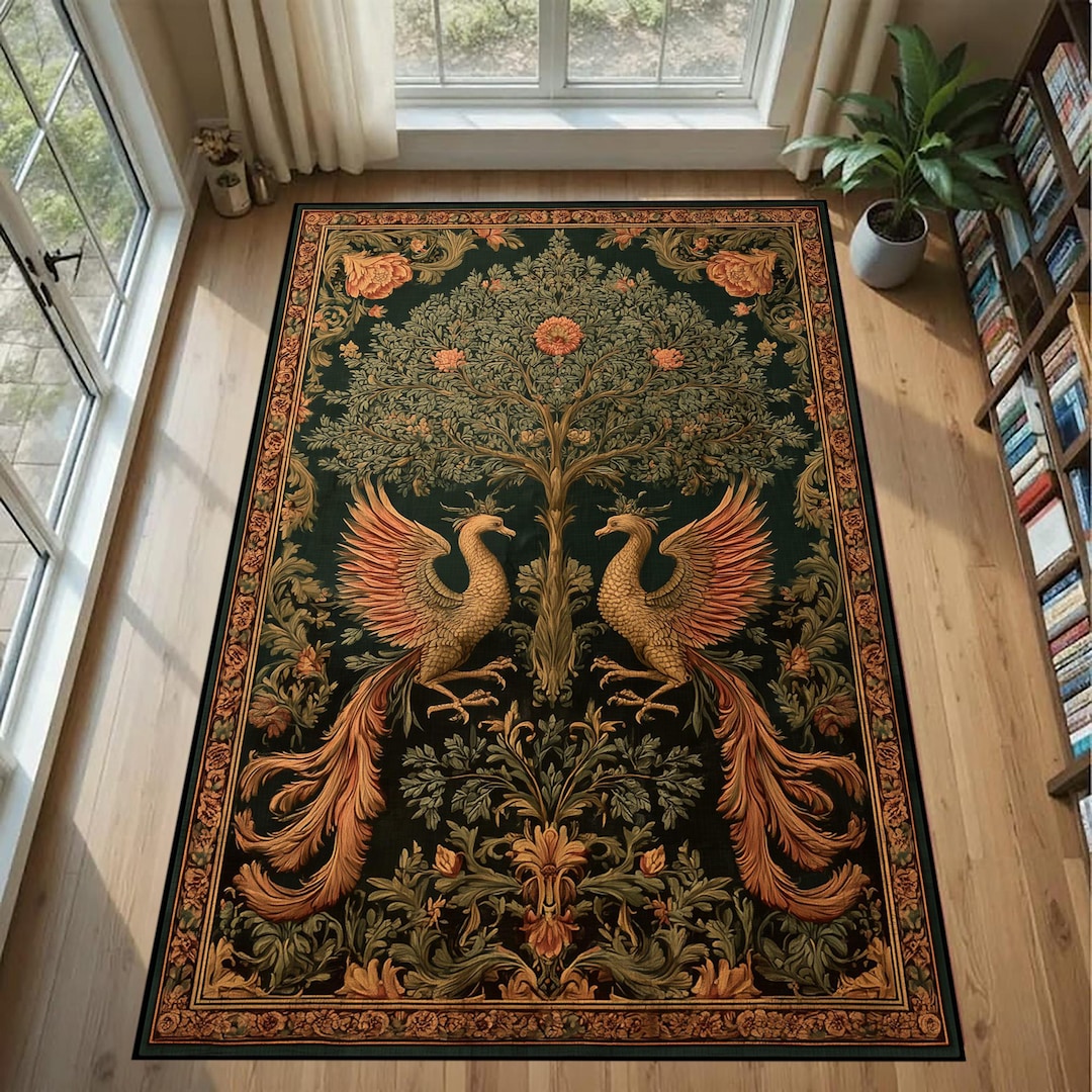 Mythic Design Mythic Phoenix Rug: Green Gold Medieval Carpet, Tree of Life Pattern ...