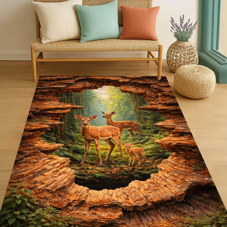 Wildlife 3D Deer Rug: Forest Animal Carpet, Brown Nature Pattern ...