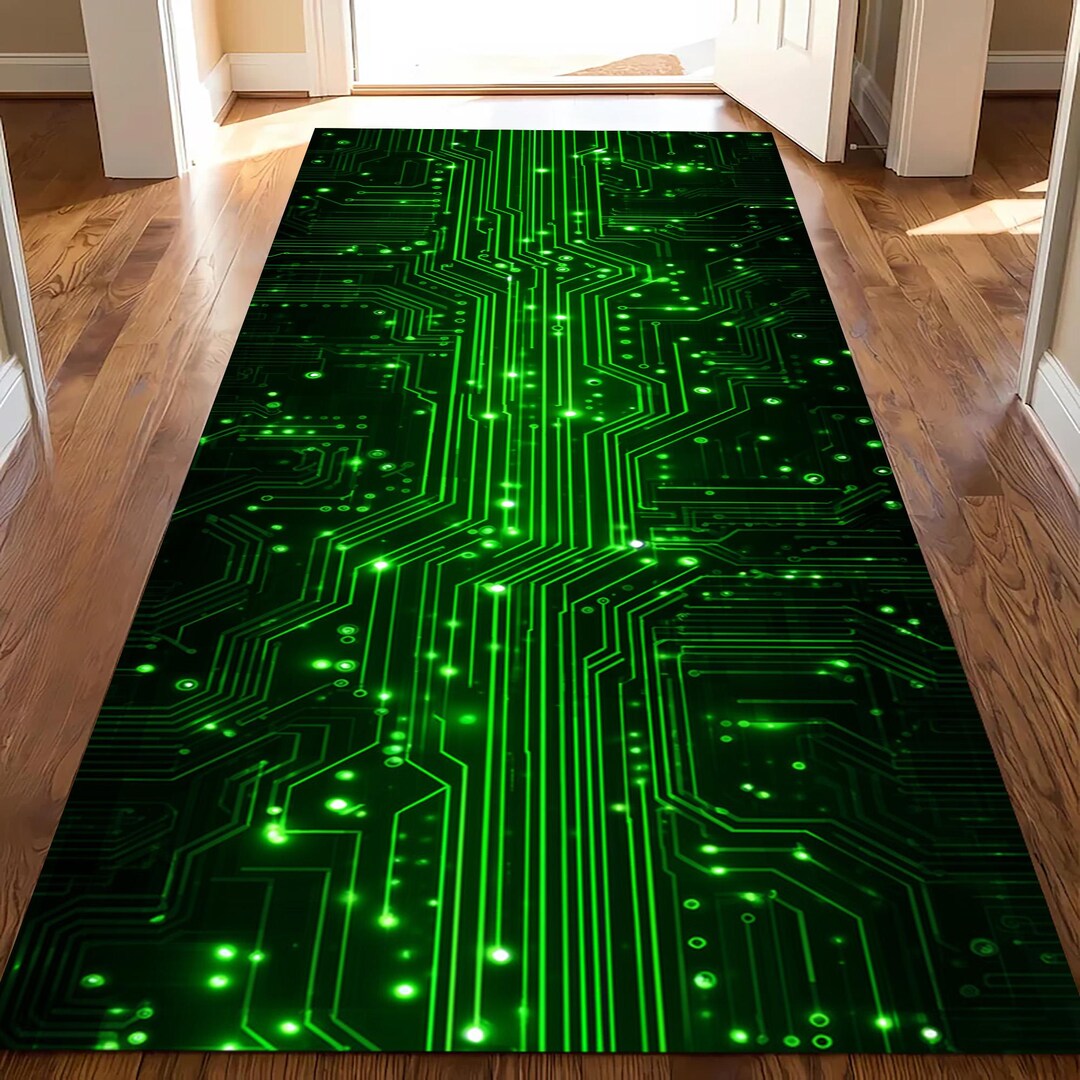 Pcb Rug Cyberpunk Circuit Runner Rug: Neon Green Lines Carpet, Digital Tech ...