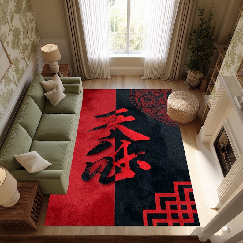 Japanese Kanji Rug: Samurai Calligraphy Carpet, Red Black Symbol ...