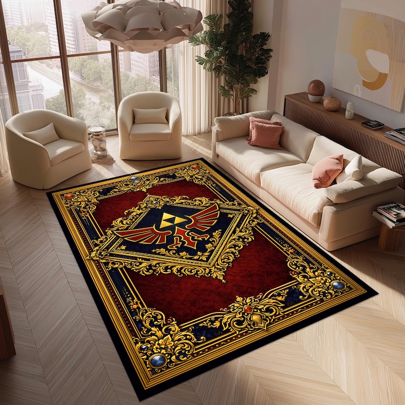 Rectangular Rug Emblem Zelda Triforce Rug: Hyrule Crest Carpet, Fantasy Gamer Decor, Royal ...