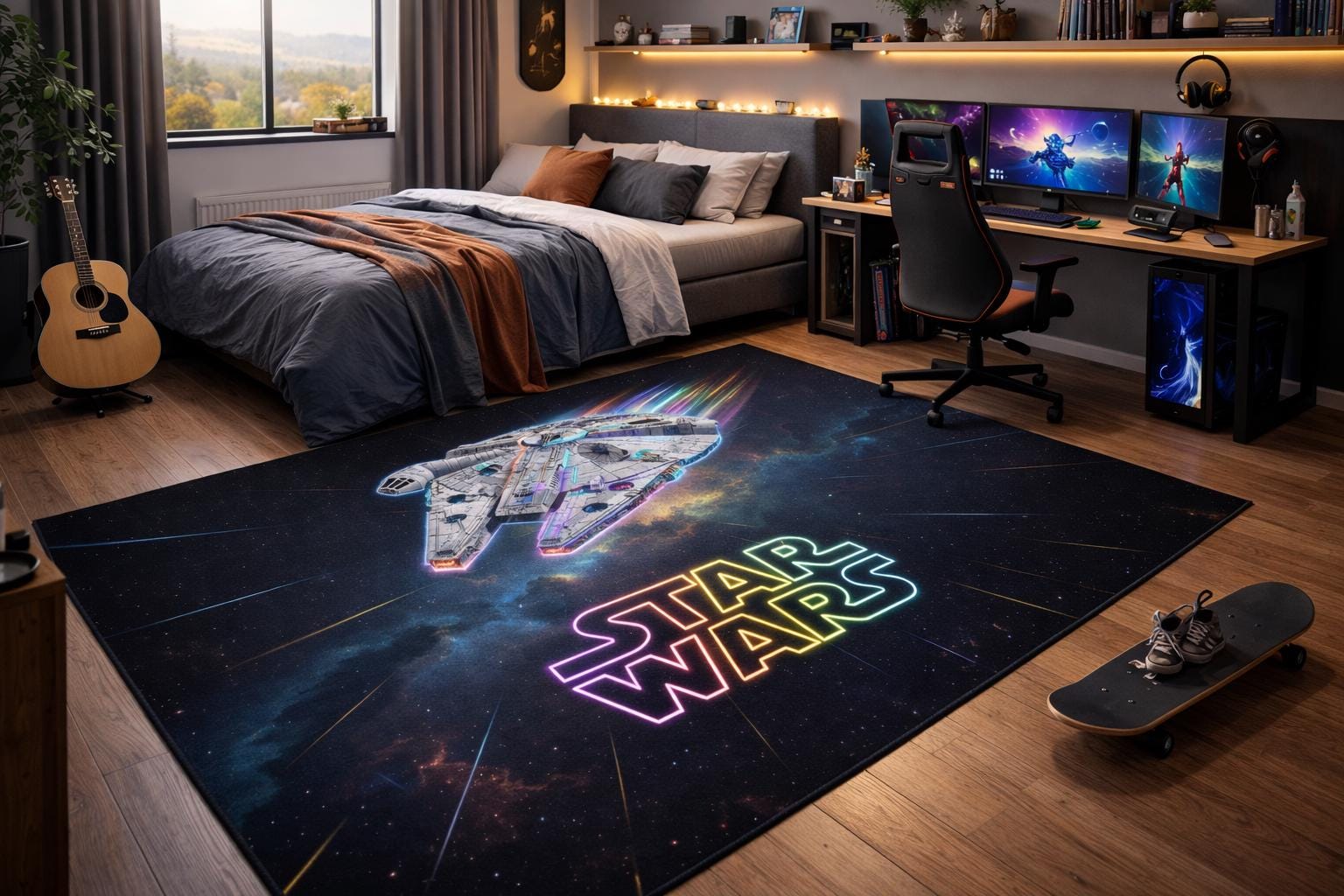 Stargate Rug Star Wars Falcon Rug: Neon Galaxy Spaceship Carpet, Scifi Gamer Decor ...