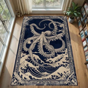 May include: A rectangular rug with a detailed illustration of an octopus on a dark blue background. The design includes stylized waves and a decorative border in shades of white and blue. The rug is suitable for a living room.