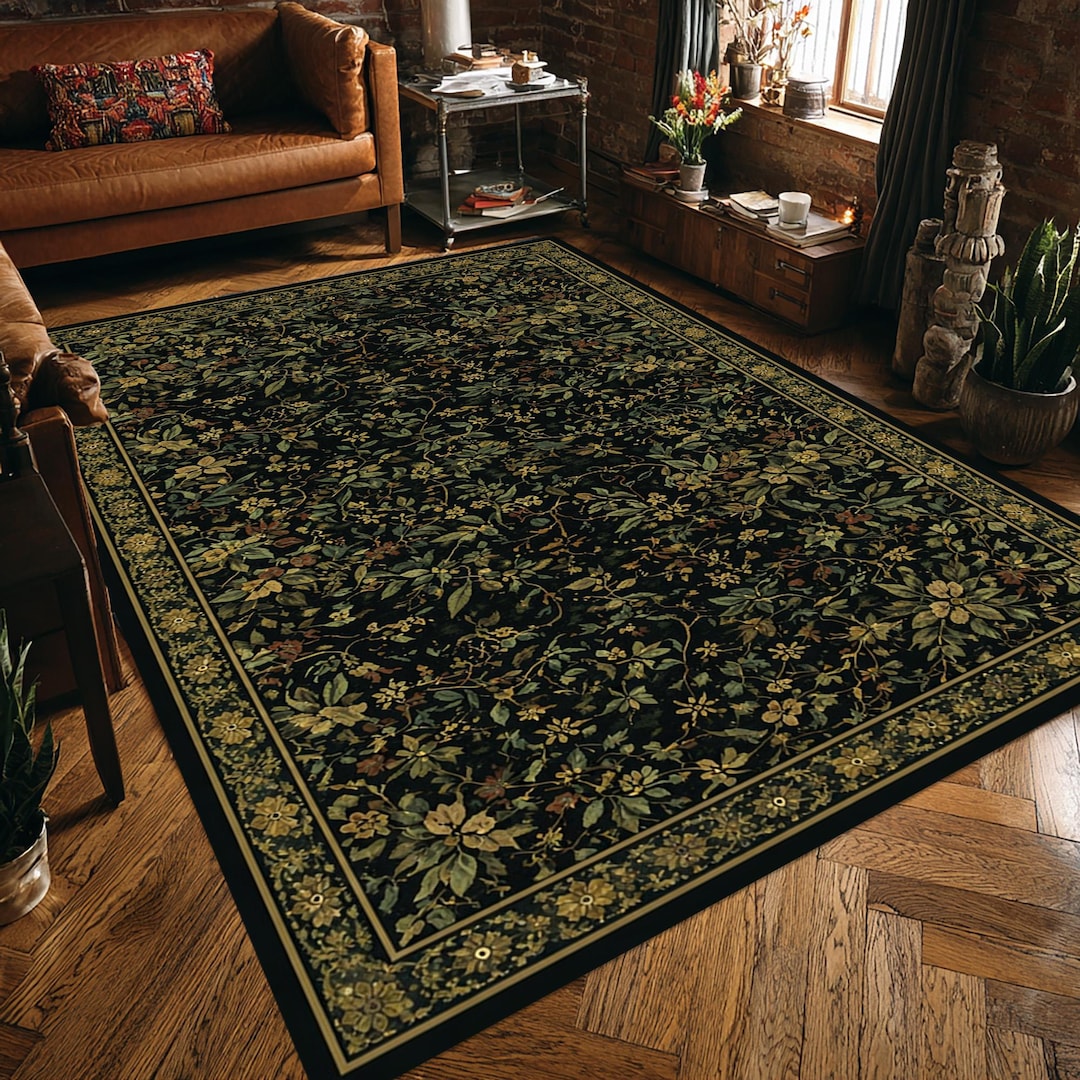 Floral Pattern Rug: Dark Gothic Flower Botanical Carpet, Garden Style ...