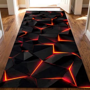Abstract Geometric Runner Rug: Black Red Neon Lines Carpet, Modern Polygon Pattern, Gaming Decor
