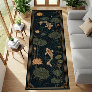 Koi Fish Animal Runner Rug: Gold Lotus Pond Carpet,  Blue Water , Asian Zen Decor