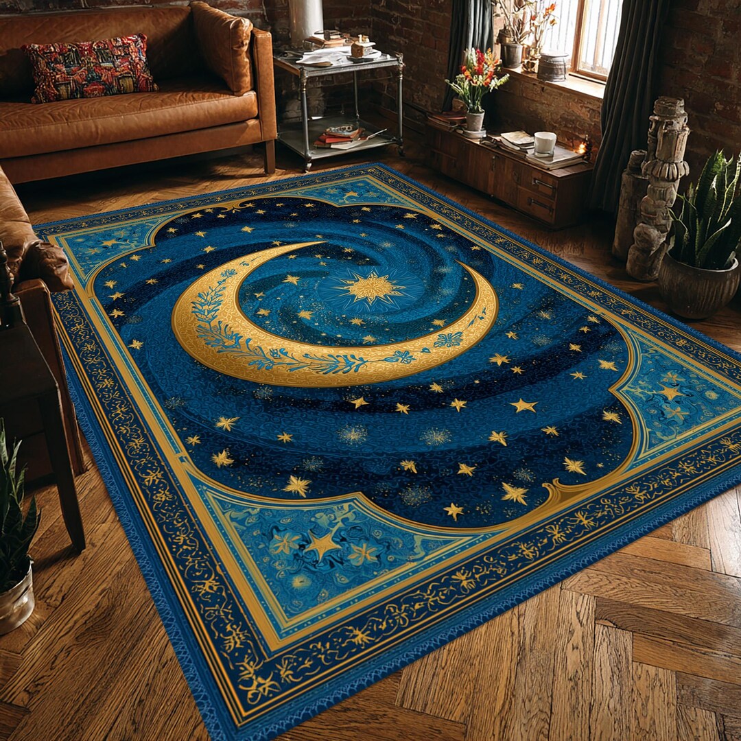 Astral Rug Pattern Celestial Moon Rug: Gold Crescent Star Carpet, Mystic Night Sky Pattern ...