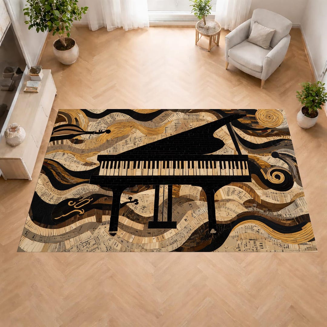 Musical Instrument Rug Piano Music Rug: Grand Piano Carpet, Musical Notes Pattern, Vintage ...