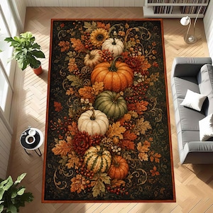 Op de afbeelding: Een rechthoekig vloerkleed met een donkere achtergrond en een centraal arrangement van oranje, groene en witte pompoenen, herfstbladeren, zonnebloemen en rode bessen. Het ontwerp bevat decoratieve krulpatronen en een effen oranje rand.