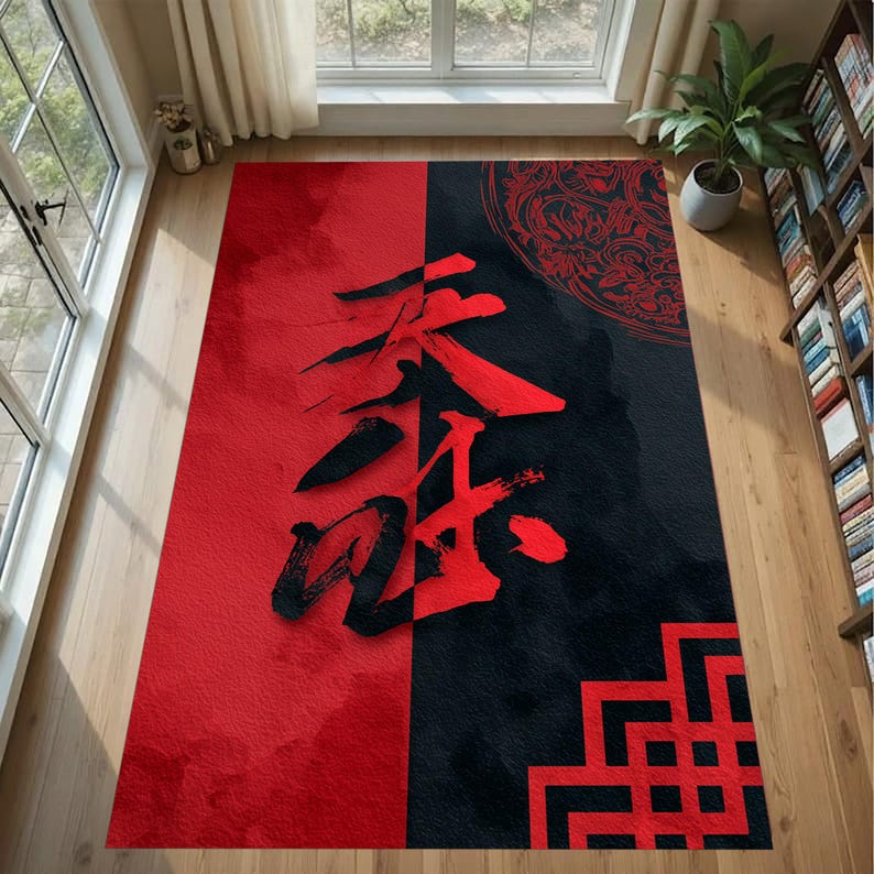 Japanese Patterned Rug Japanese Kanji Rug: Samurai Calligraphy Carpet, Red Black Symbol ...