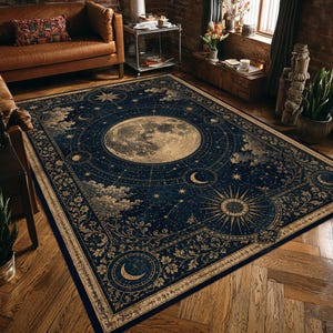 May include: A large, rectangular rug with a celestial design. The rug has a dark blue background with a large moon in the centre, surrounded by stars, clouds, and suns in gold and beige. The border features a floral pattern.