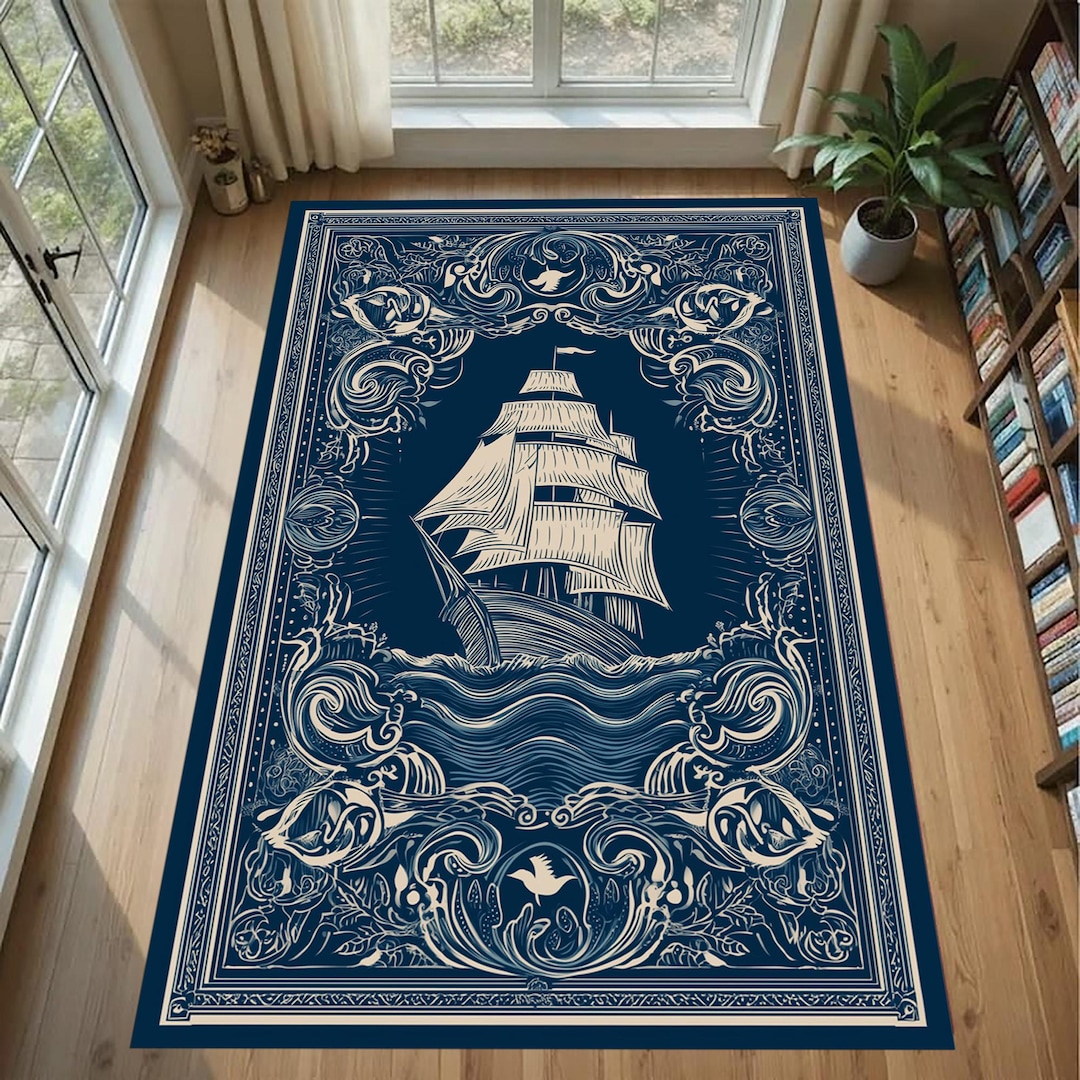 Nautical Sailboat Rug: Navy Blue Ocean Carpet, Ship Waves Pattern ...