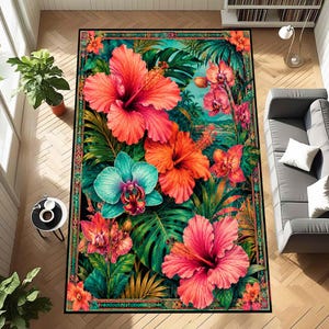 May include: A rectangular area rug featuring a vibrant floral design. The rug showcases large hibiscus flowers in shades of pink and orange, along with turquoise orchids and lush green foliage. The rug has a black border with a decorative pattern.